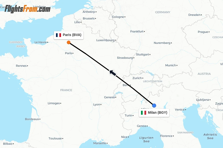 Flights from Milan to Paris route map