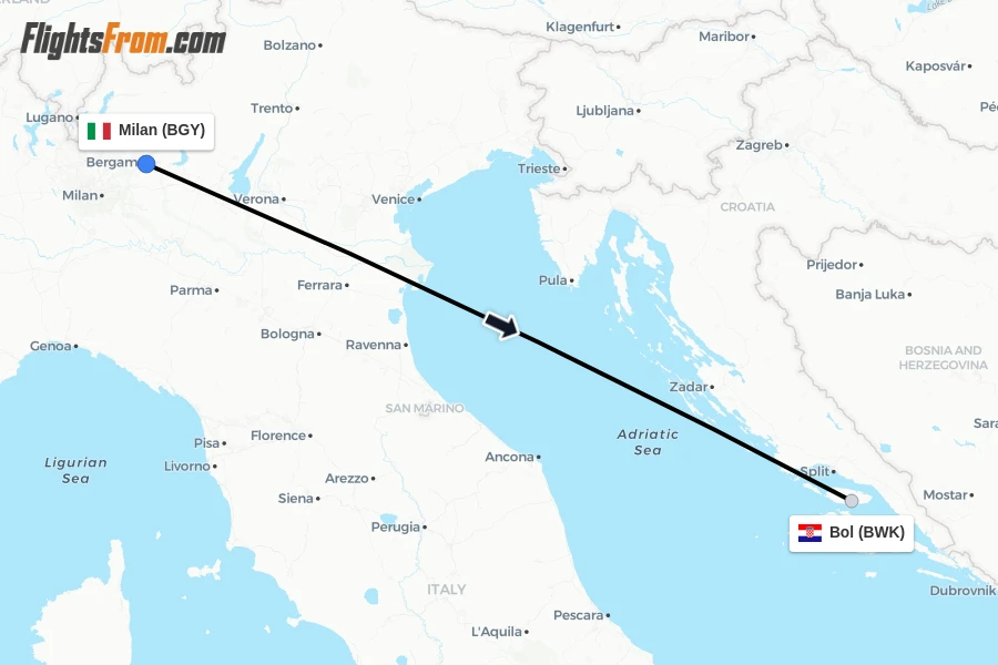 Flights from Milan to Bol route map