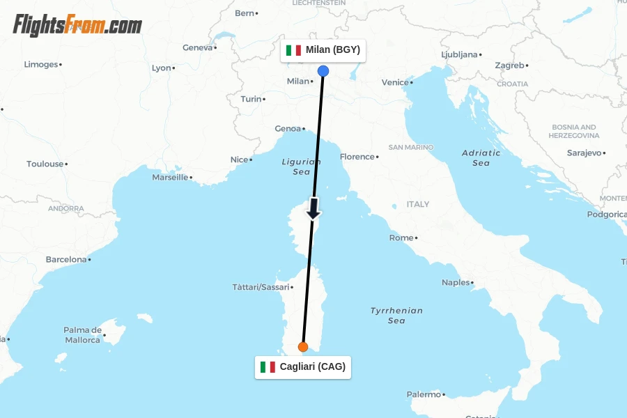 Flights from Milan to Cagliari route map