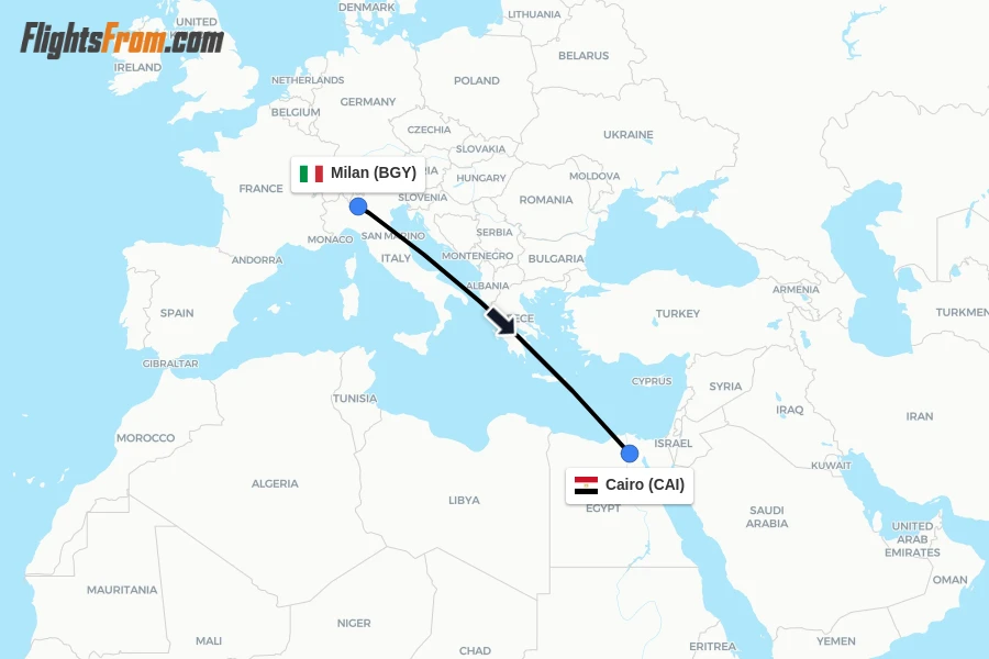 Flights from Milan to Cairo route map
