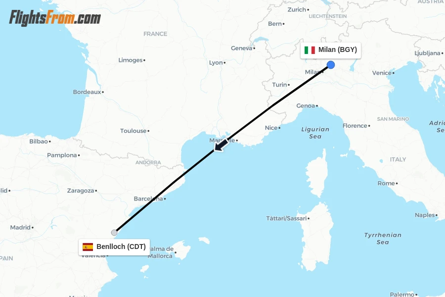 Flights from Milan to Benlloch route map