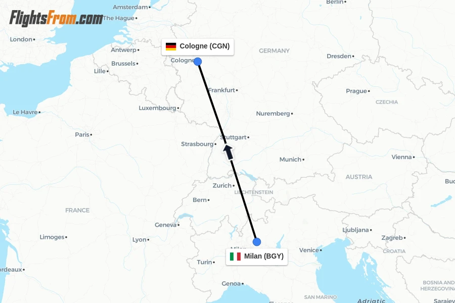 Flights from Milan to Cologne route map