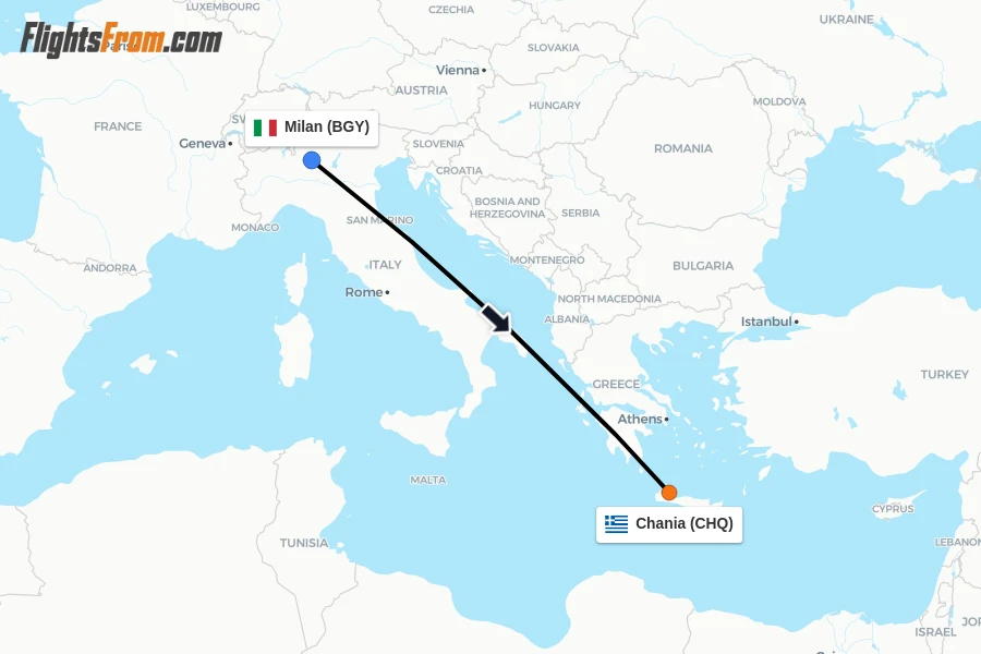 Flights from Milan to Chania route map