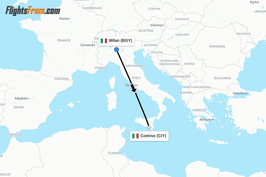 Flights from Milan to Comiso route map