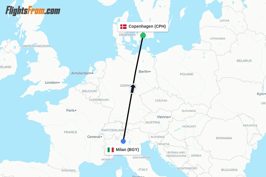 Flights from Milan to Copenhagen route map