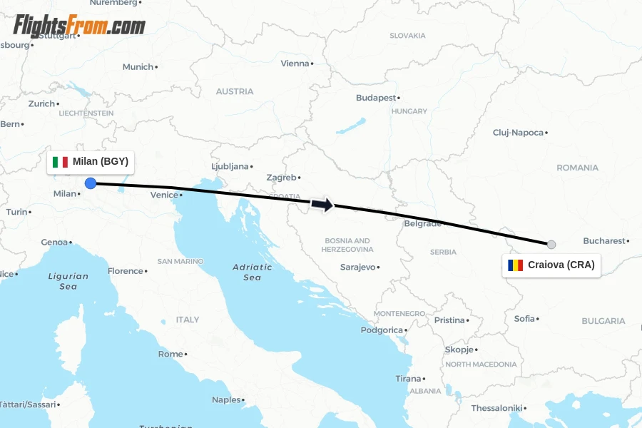Flights from Milan to Craiova route map