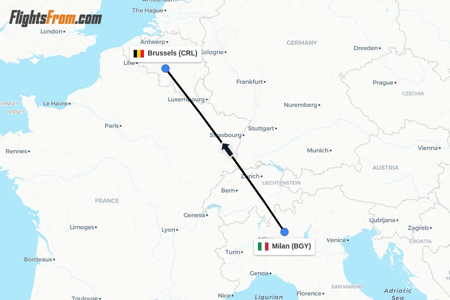Flights from Milan to Brussels route map