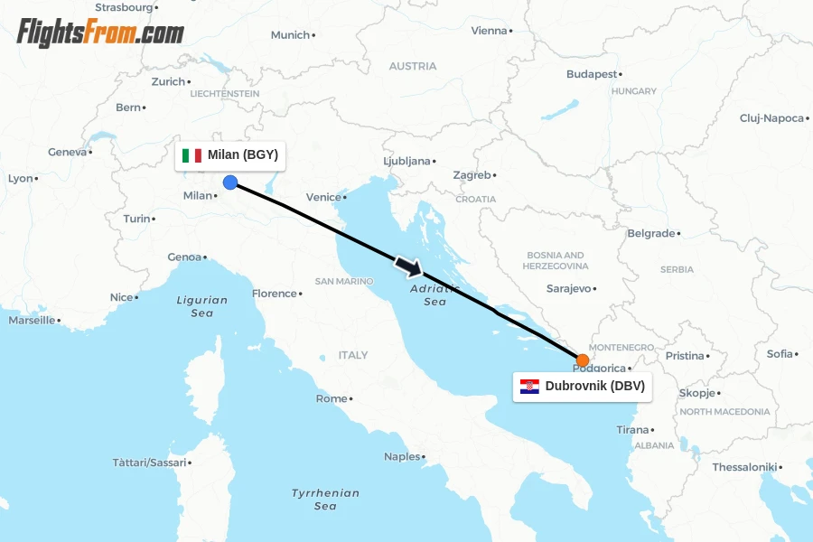 Flights from Milan to Dubrovnik route map
