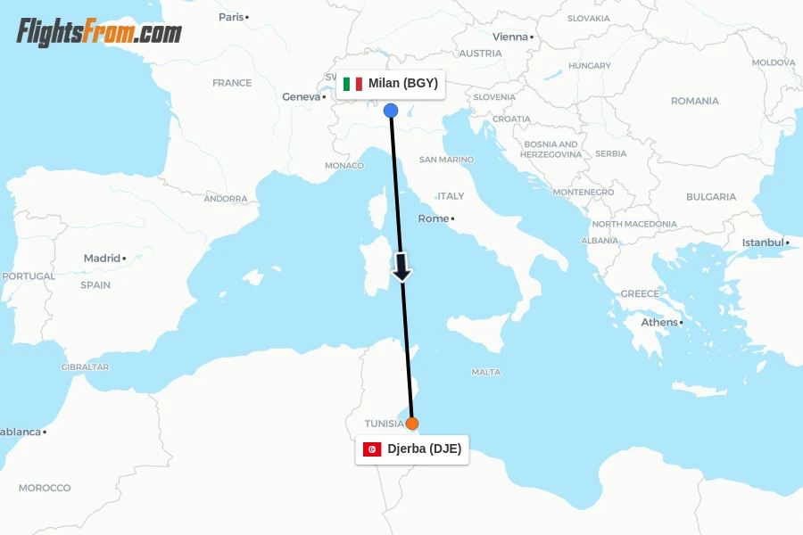 Flights from Milan to Djerba route map