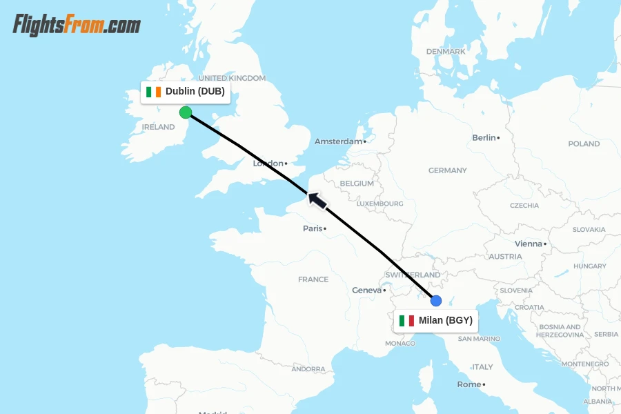Flights from Milan to Dublin route map