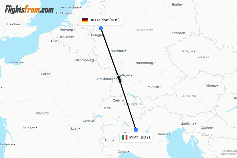 Flights from Milan to Dusseldorf route map