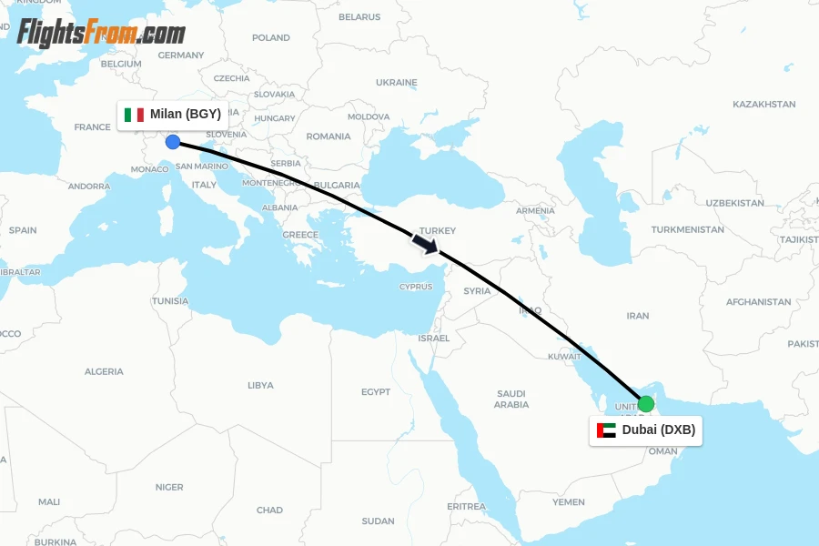 Flights from Milan to Dubai route map