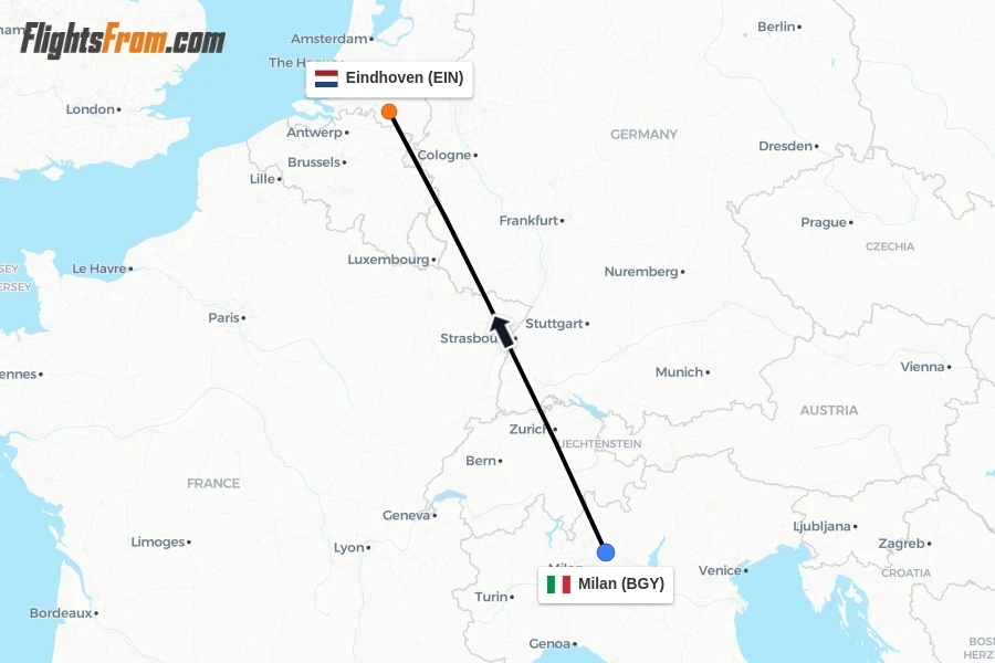 Flights from Milan to Eindhoven route map