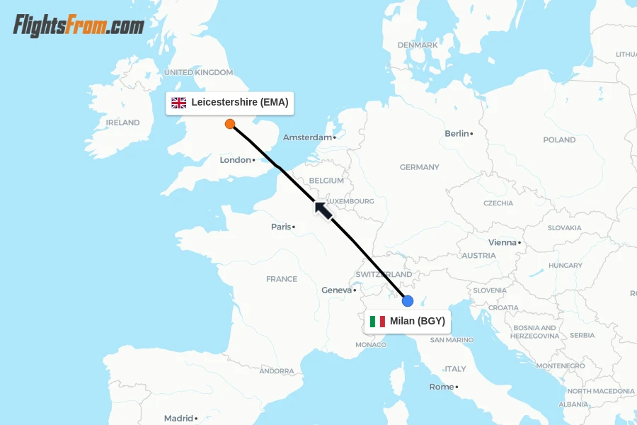 Flights from Milan to Leicestershire route map