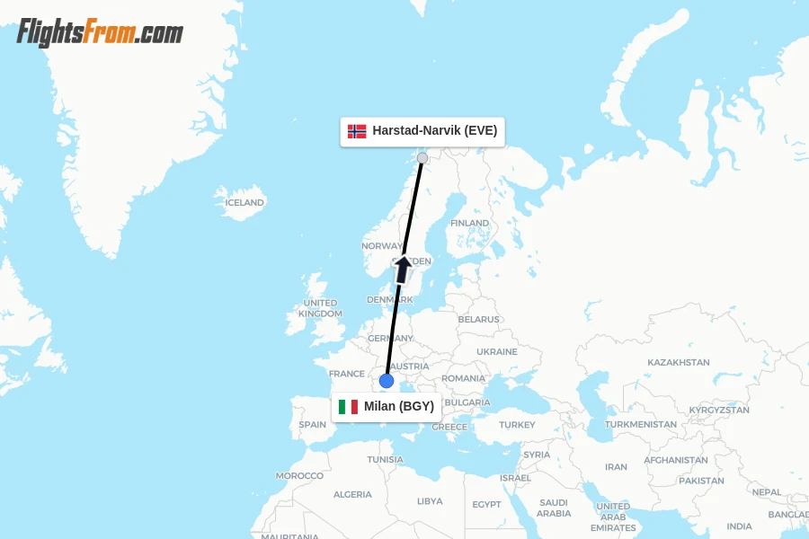 Flights from Milan to Harstad-Narvik route map