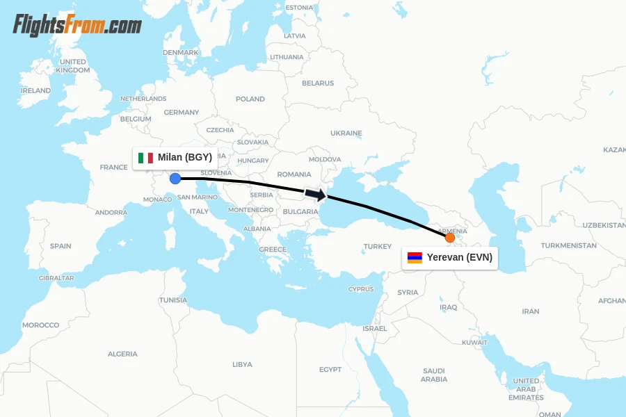 Flights from Milan to Yerevan route map