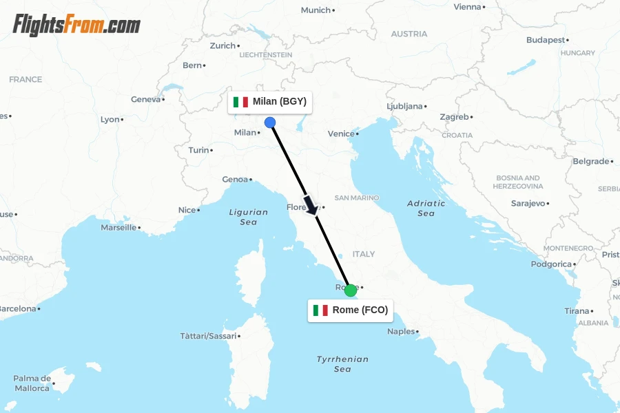 Flights from Milan to Rome route map