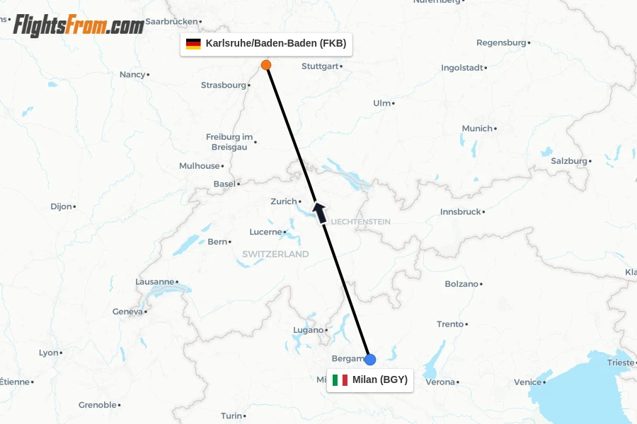 Flights from Milan to Karlsruhe/Baden-Baden route map