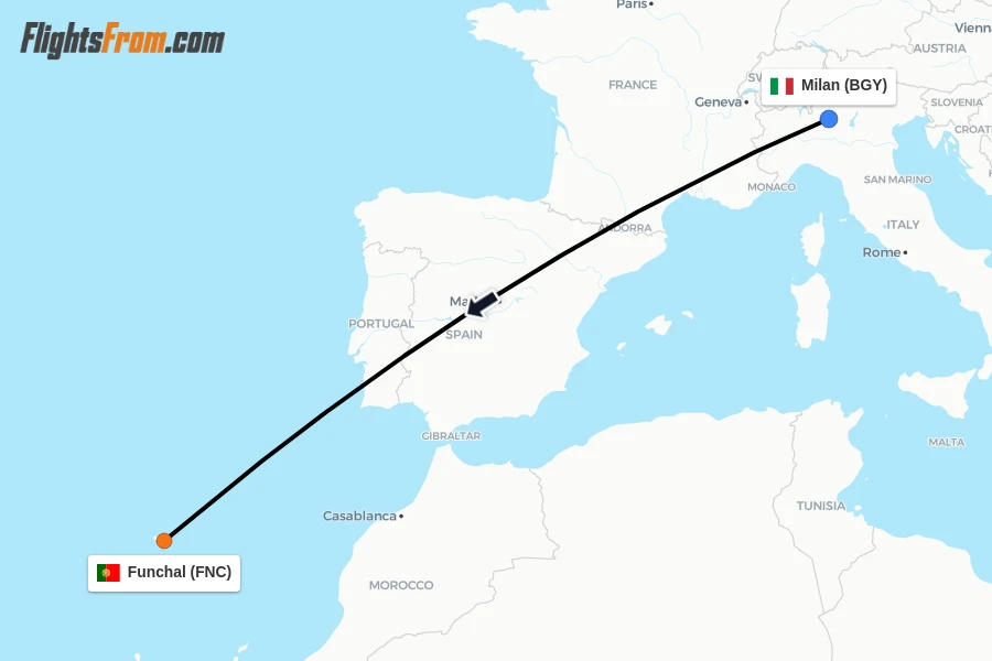 Flights from Milan to Funchal route map