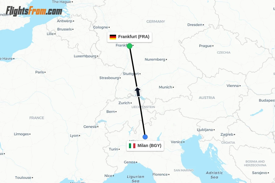 Flights from Milan to Frankfurt route map