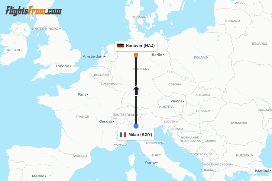 Flights from Milan to Hanover route map