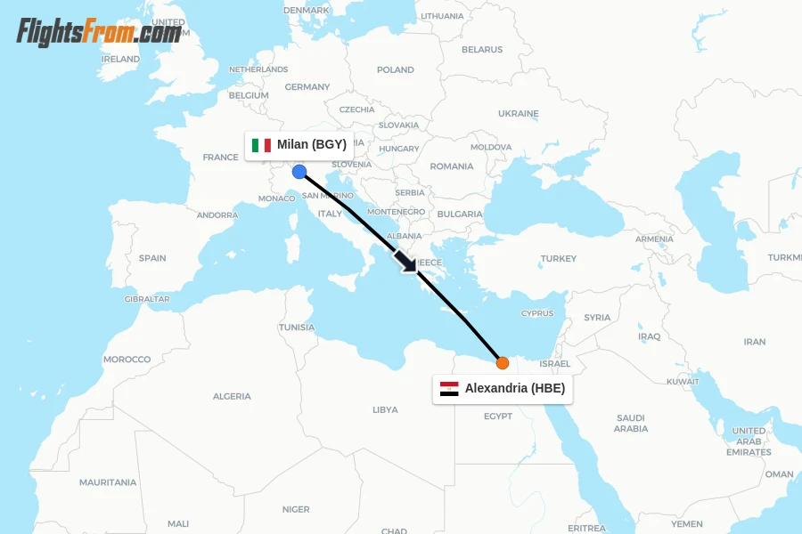 Flights from Milan to Alexandria route map