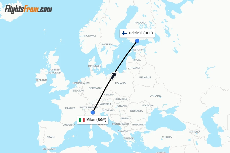 Flights from Milan to Helsinki route map