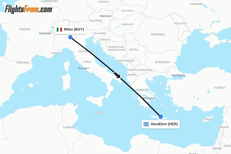 Flights from Milan to Heraklion route map
