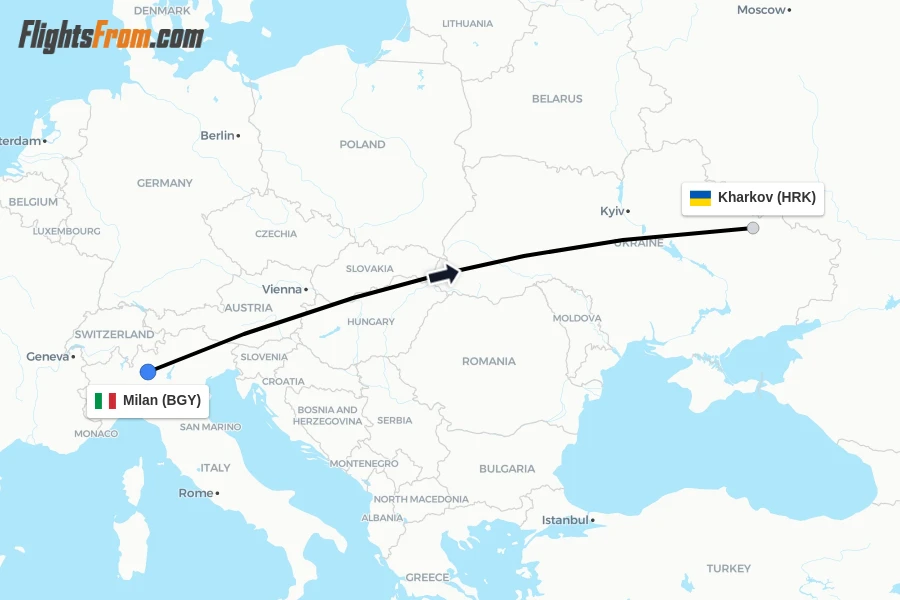 Flights from Milan to Kharkov route map