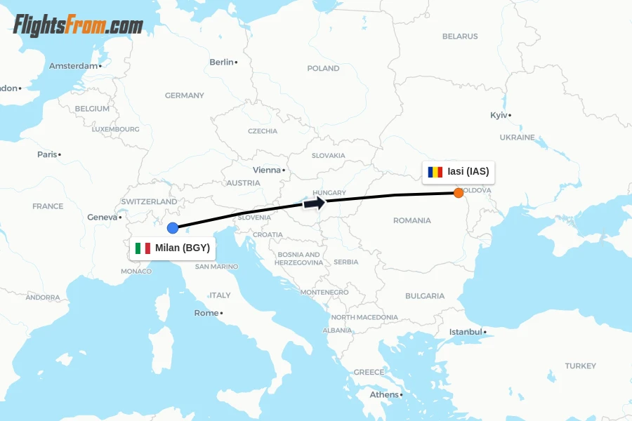 Flights from Milan to Iasi route map