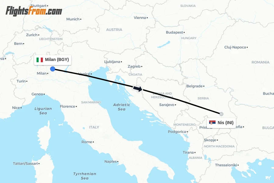 Flights from Milan to Nis route map