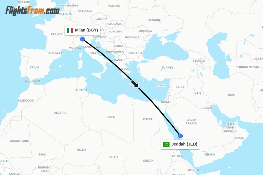 Flights from Milan to Jeddah route map