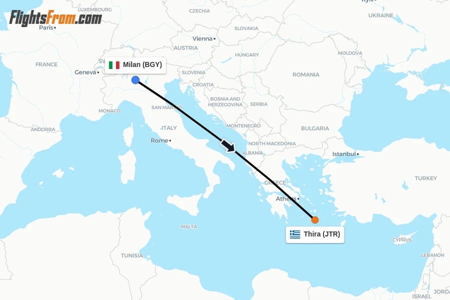 Flights from Milan to Thira route map