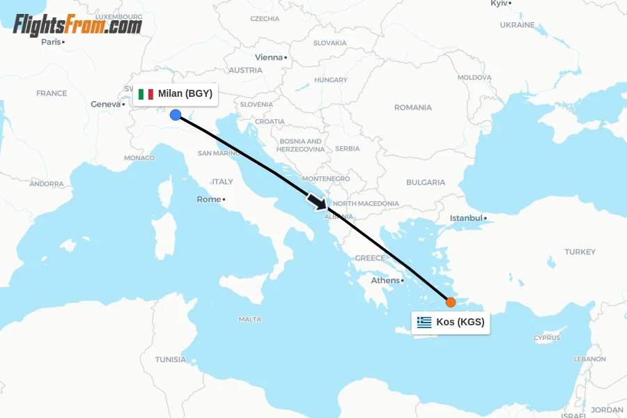 Flights from Milan to Kos route map