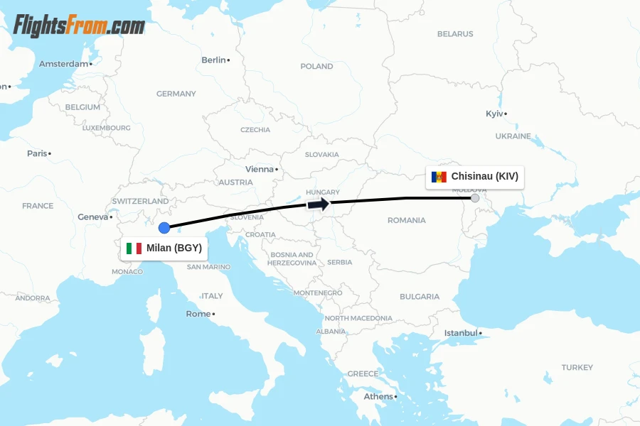 Flights from Milan to Chisinau route map