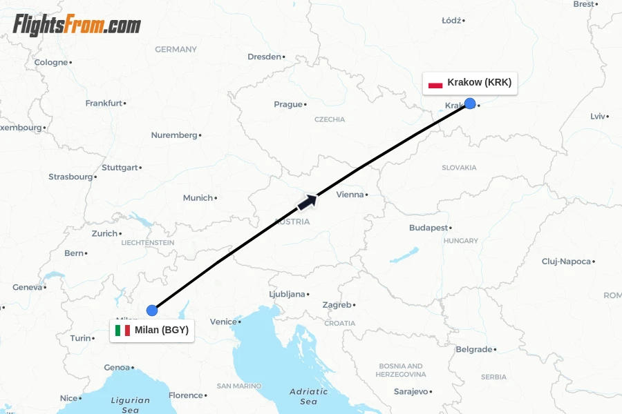 Flights from Milan to Krakow route map