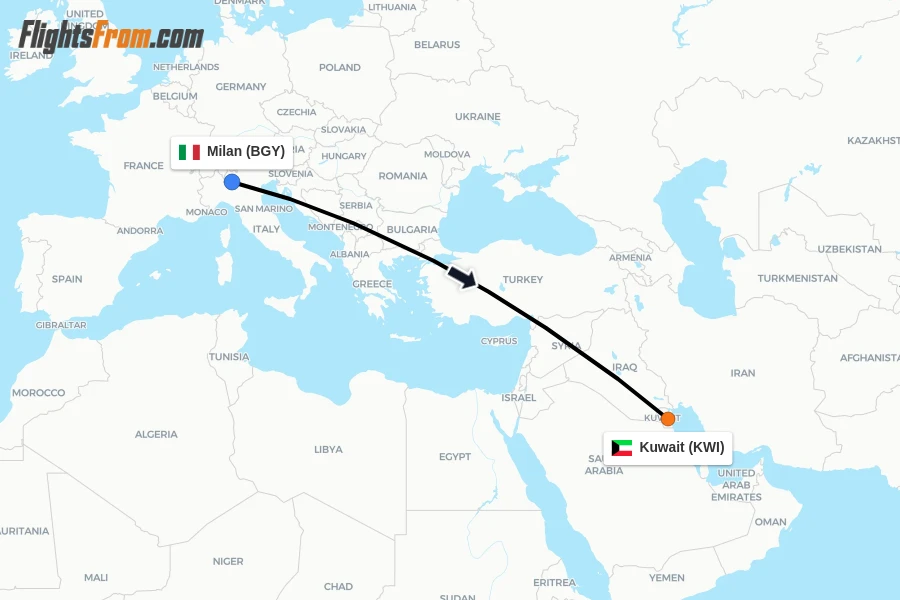 Flights from Milan to Kuwait route map