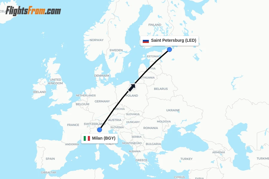 Flights from Milan to Saint Petersburg route map