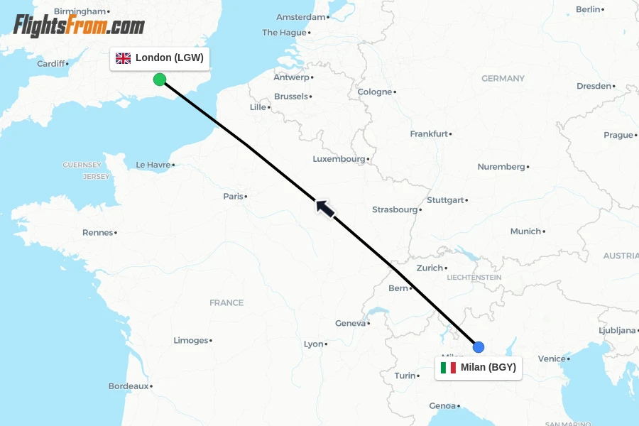 Flights from Milan to London route map