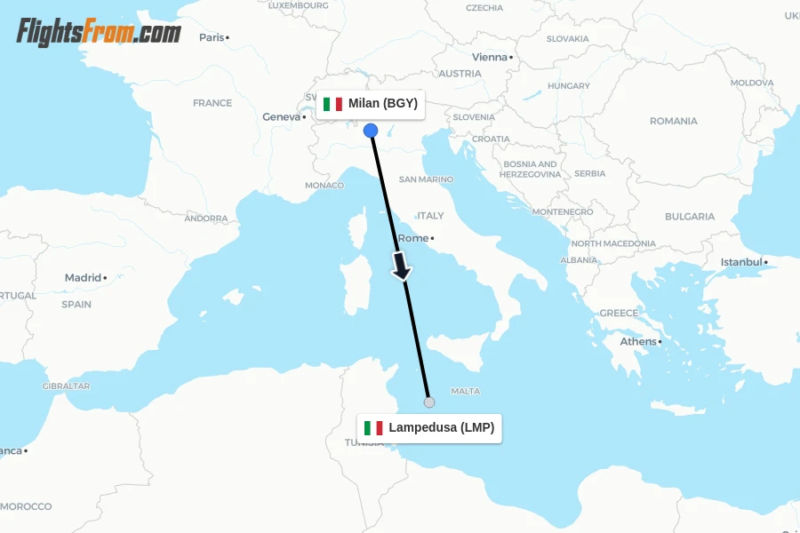 Flights from Milan to Lampedusa route map