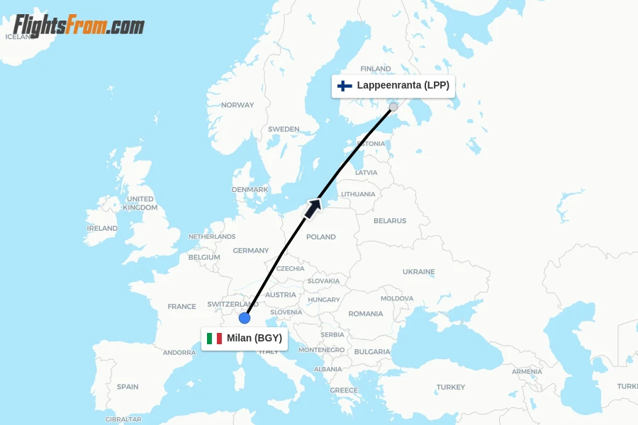 Flights from Milan to Lappeenranta route map