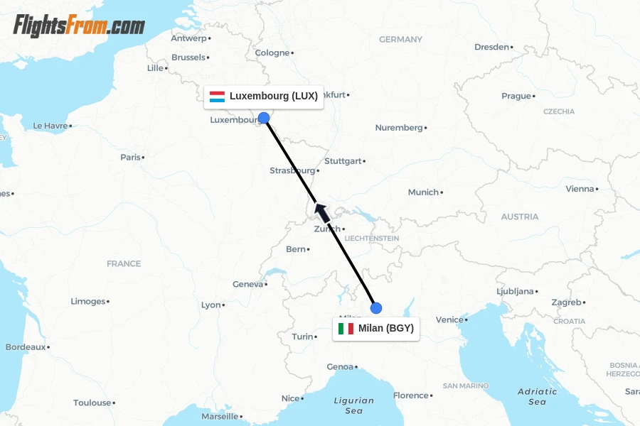 Flights from Milan to Luxembourg route map