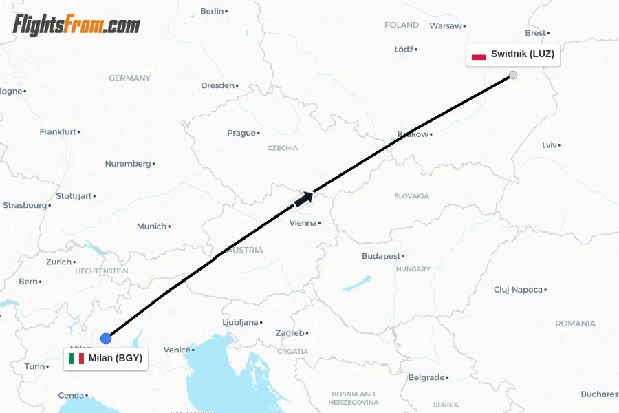 Flights from Milan to Swidnik route map