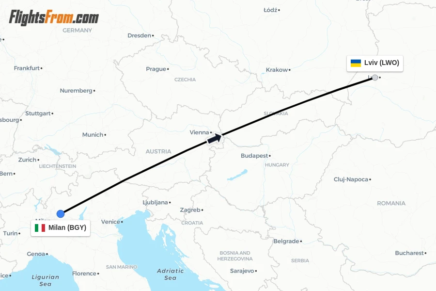 Flights from Milan to Lviv route map