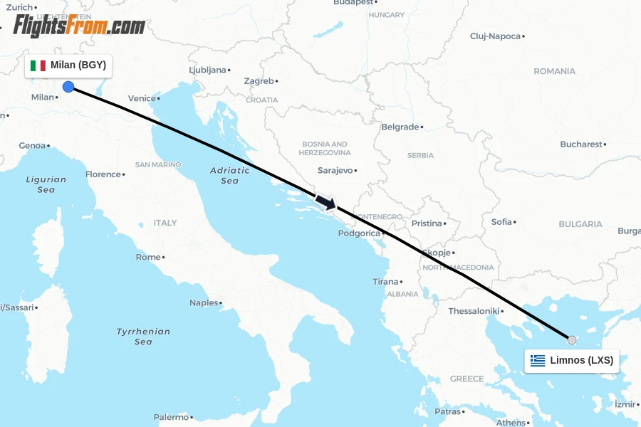 Flights from Milan to Limnos route map