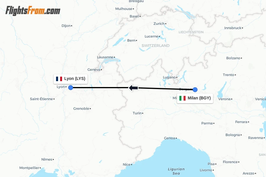 Flights from Milan to Lyon route map