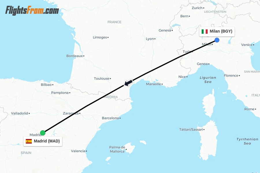 Flights from Milan to Madrid route map