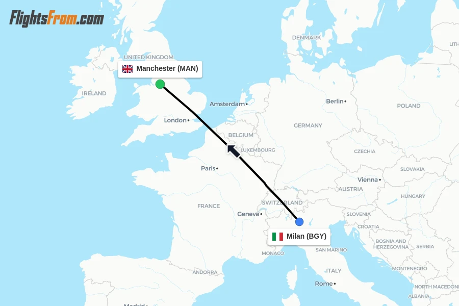 Flights from Milan to Manchester route map