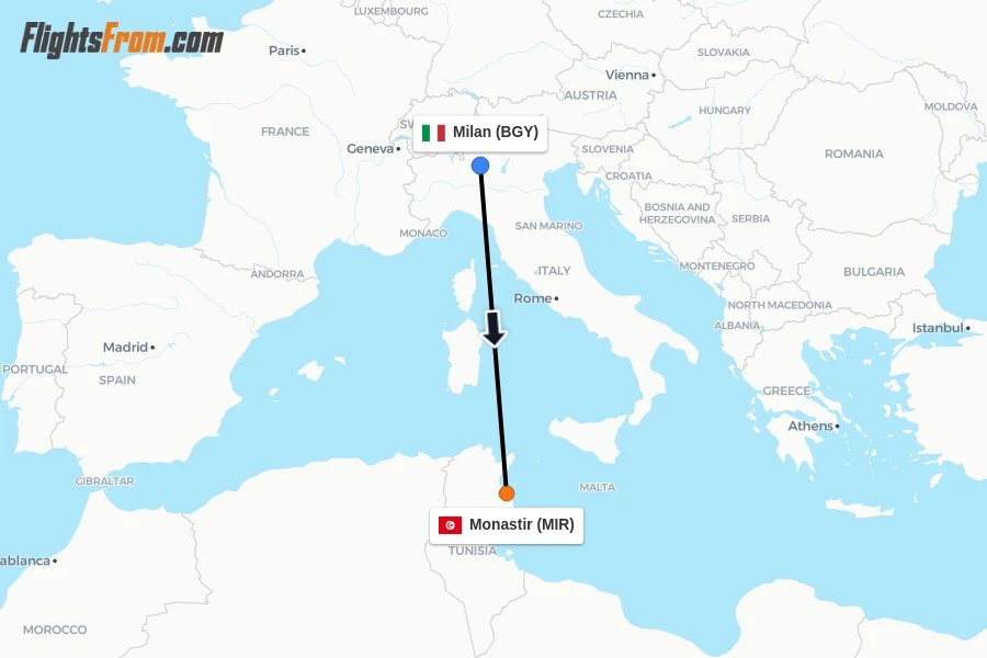 Flights from Milan to Monastir route map