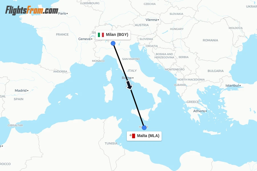 Flights from Milan to Malta route map